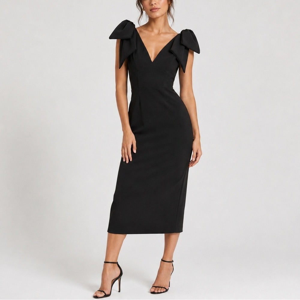 Mac Duggal Ieena‎ Bow Strap Crepe Fitted Midi Dress 14 V-Neck Formal Evening
